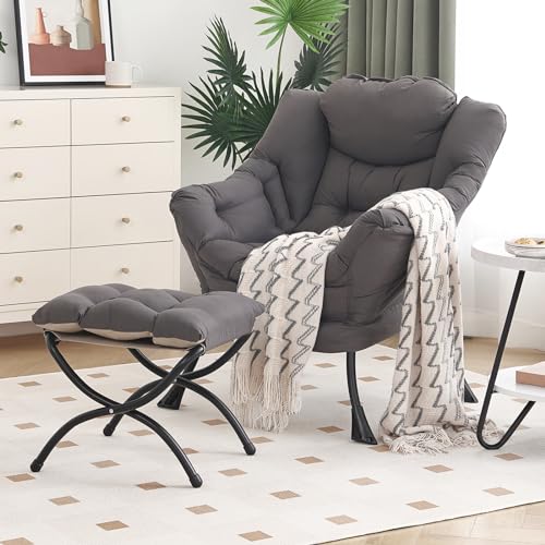 Modern Lazy Accent Chair with Ottoman and Folding Footrest, Dark Grey