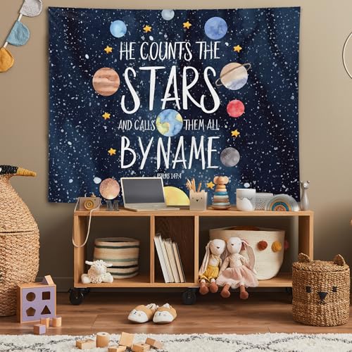 Space Solar System Christian Tapestry Wall Hanging, Flannel Decor, 50x60 Inch