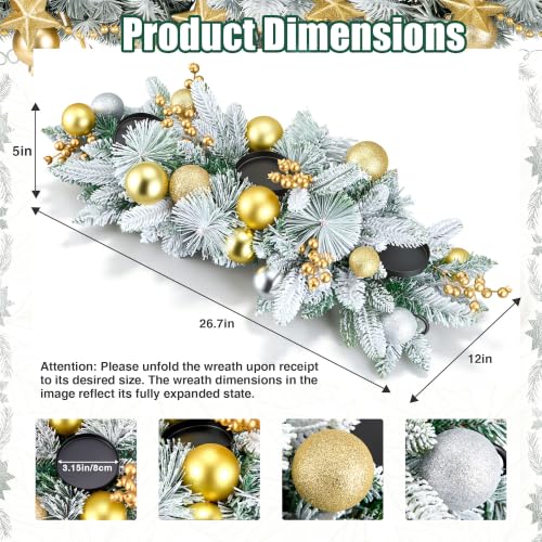 Hotop 27-Inch Christmas Candle Holder Centerpiece with Gold & Silver Balls, Snow-Flocked Pine Branches, and 3 Metal Candleholders - Holiday Table Decor