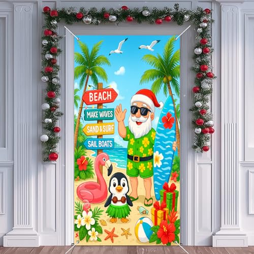 Christmas Surfboard Santa Door Cover Banner 71 x 35 Inches Holiday Decor