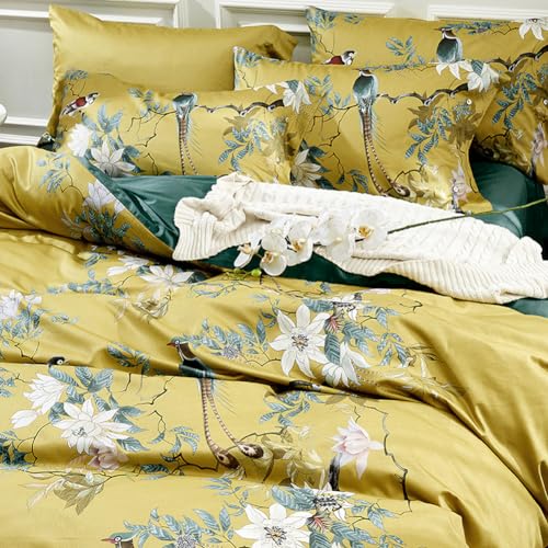 Floral & Birds Cotton Duvet Cover Set - Reversible Peacock Blue, Queen