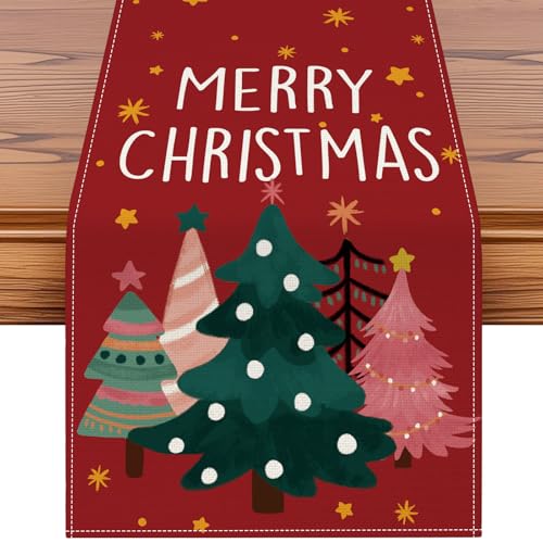 OTOSTAR Christmas Tree Red Table Runner 13x90 Inch Holiday Decor for Home & Parties