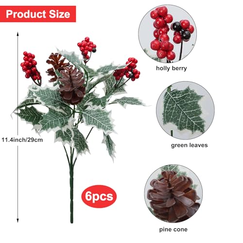 Xmas 6pcs Artificial Christmas Flowers with Holly Berries Pine Cones, Detachable Holiday Decor