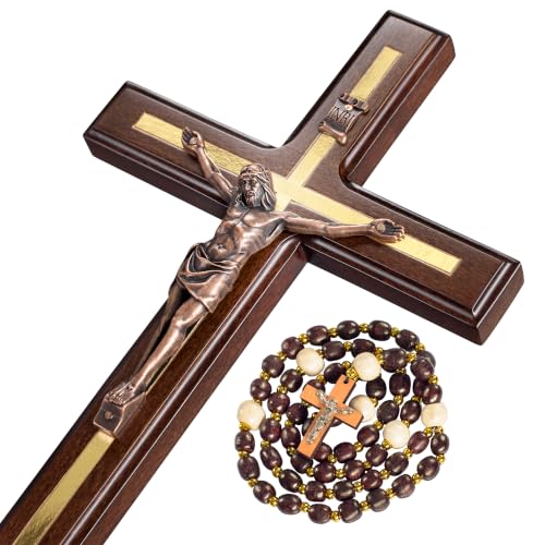 Handcrafted 12-Inch Wooden Catholic Crucifix Wall Cross with Rosary