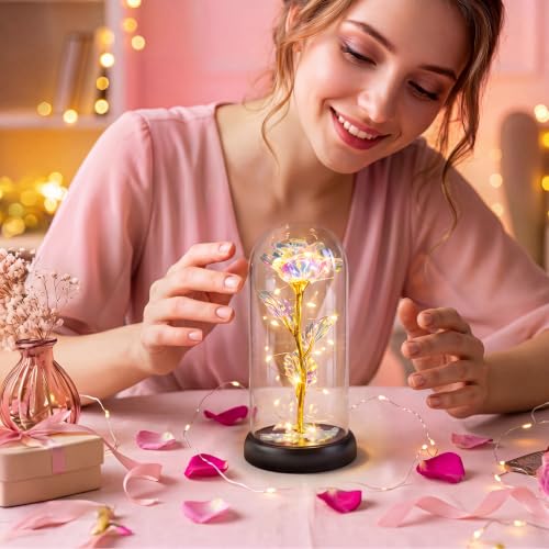 Otlonpe Colorful Preserved Glass Rose Flower Gift for Women, 7.1 Inch