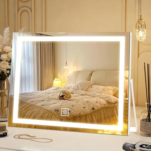 ACOLAR 14 Inch LED Vanity Makeup Mirror with Lights, Dimmable Touch, 360° Rotation, Large Metal Frame, 11" W