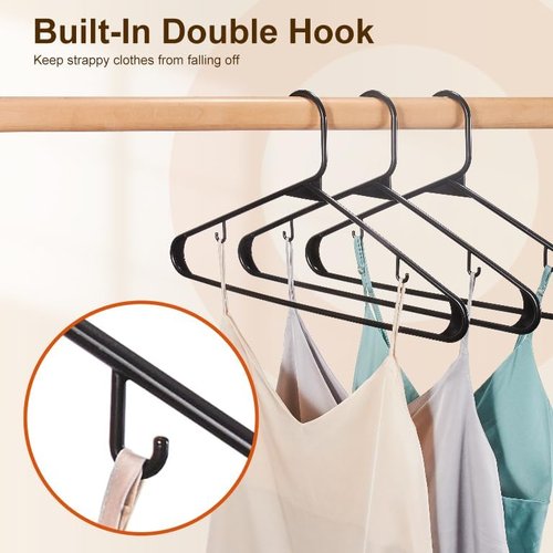 HOUSE DAY Black Plastic Hangers - Durable 50 Pack with Built-in Hooks | Space-Saving Closet Solution for Shirts, Coats, Dresses
