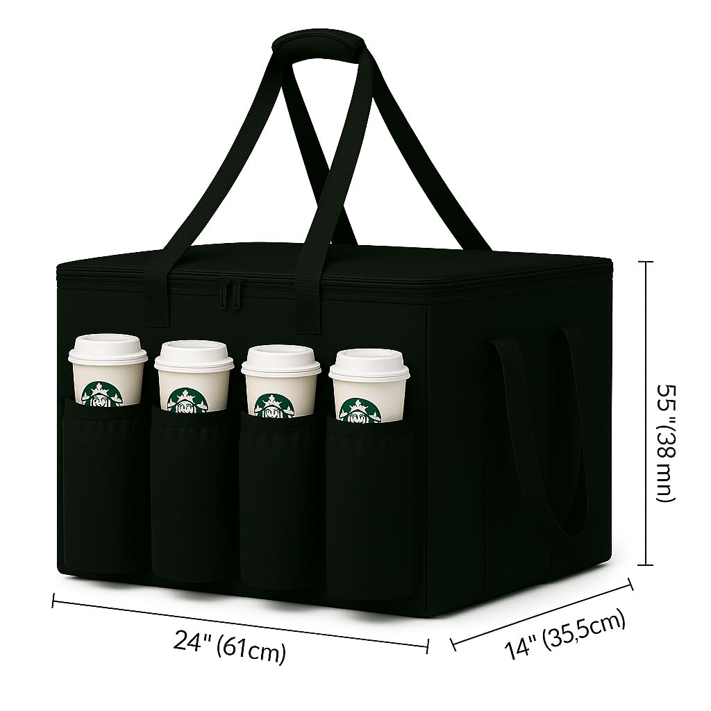 musbus 1Insulated Food Delivery Bag with Cup Holders/Drink Carriers Premium XXL, Great for Beverages, Grocery, Pizza, Commercial Quality Hot & Cold, Black (014)