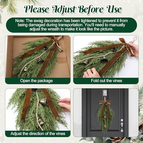 Shihanee 4-Pack Christmas Cedar Swags Teardrop with Velvet Bow Khaki