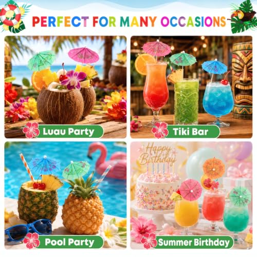 ALINK 144 Pcs Cocktail Umbrellas & Drink Picks - 4-Inch Tiki Luau Party Decorations