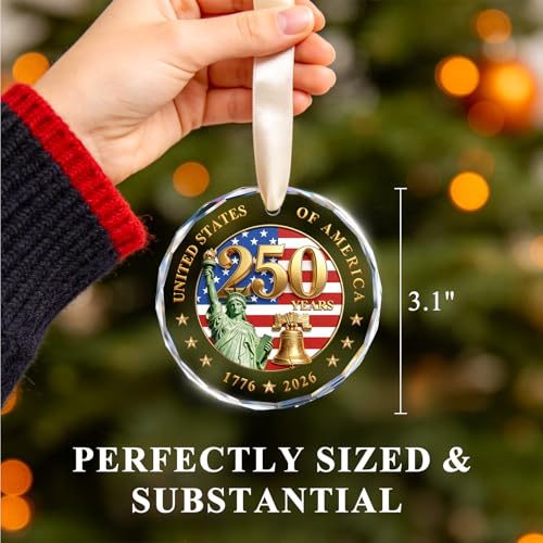 USA 250th Anniversary Crystal Glass Ornament, Patriotic Keepsake with Gift Box