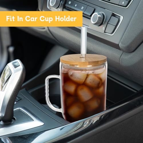 40 Oz Glass Tumbler with Handle, Bamboo Lid and Glass Straw