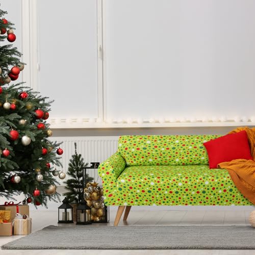 Peryiter 2 Pcs Christmas Sofa Cover Set Lime Green & Red Dots - Stretchable Milk Silk Slipcovers for Couch & Loveseat, Holiday Home Decor