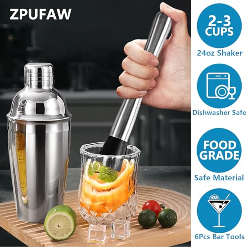 6-Piece Stainless Steel Cocktail Shaker Set - 24oz Professional Bar Tool Kit