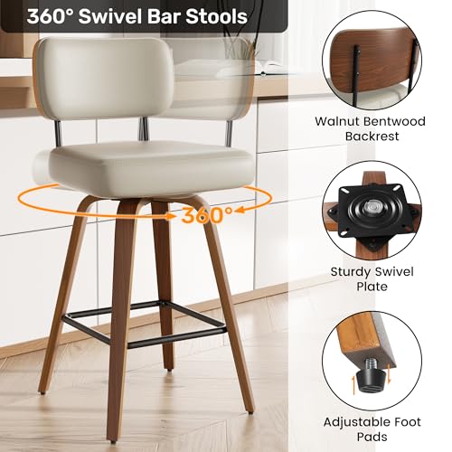 26-Inch Swivel Counter Height Bar Stools, Set of 4, Faux Leather Mid-Century