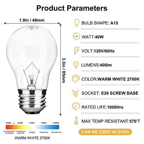A15 40W High Temperature Appliance Light Bulb - E26 Base 120V Warm White 2700K