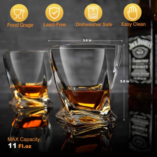 Twisted 11oz Old Fashioned Whiskey Glass Set with Crystal Ice Molds - Barware Gift