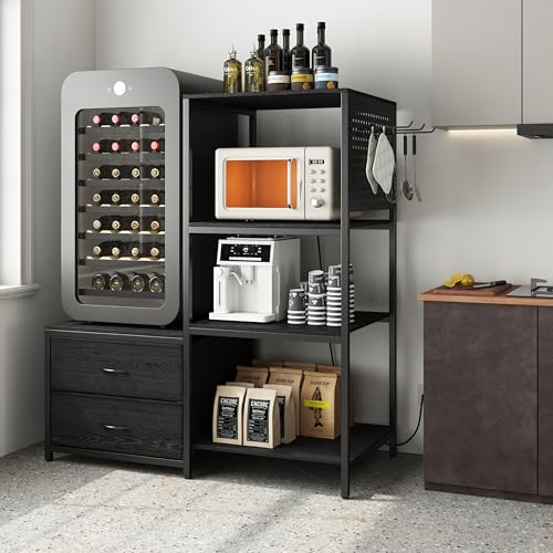 5-Tier Mini Fridge Stand with Power Outlet, Storage Drawers & Pegboard