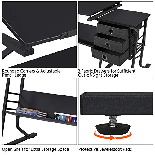 Adjustable Drafting Table with Stool, 3 Drawers and Storage Shelf, Black