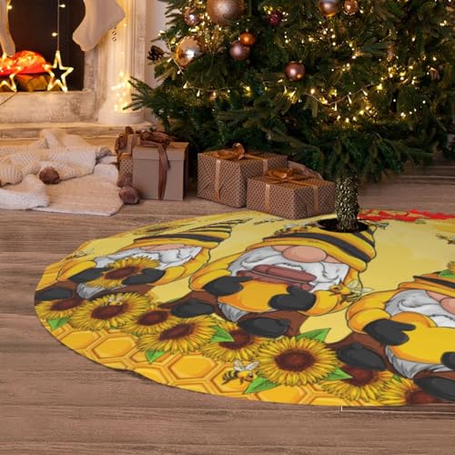 Sunflower Gnomes Christmas Tree Skirt 36 Inch - Farmhouse Holiday Mat