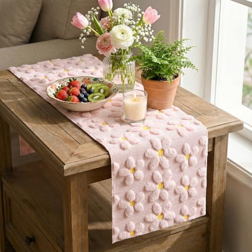 Artoid Mode 13x120 Inch Pink Soft Plush Faux Fur Jacquard Daisy Table Runner