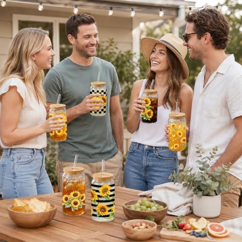 16oz Sunflower Glass Cups with Bamboo Lids and Straws, 6-Piece Set