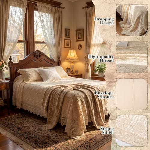 Large Vintage Beige Lace Crochet Bedding Set with Pillowcases