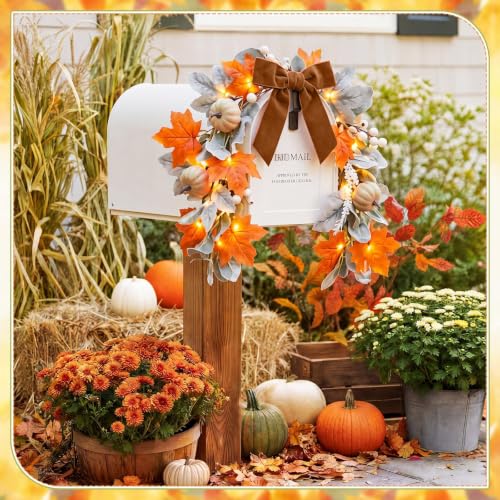 23.6-Inch Fall Mailbox Swag with Lights, Autumn Pumpkin Garland Decor