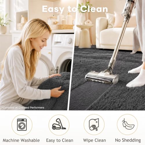Ophanie Washable Fluffy Area Rug - Soft Non-Slip Grey Shaggy Carpet for Living Room & Bedroom