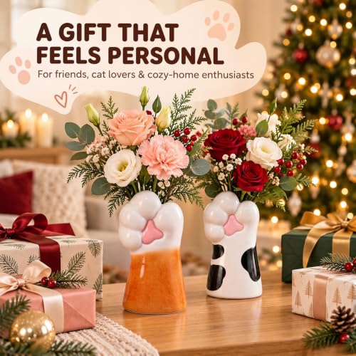 2Pcs Ceramic Cat Paw Vase Set - Cute Cat Claw Flower Holders for Home Decor