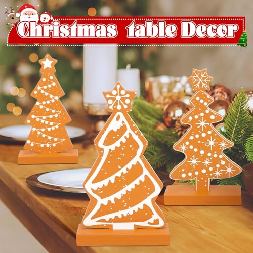 Syhood Christmas Gingerbread Tree Decor - 3 Pcs Wooden Tabletop Holiday Centerpieces