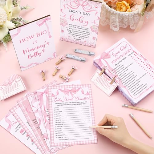 Funnymoom Pink Bow Baby Shower Games Set for Girls - 8 Fun Activities