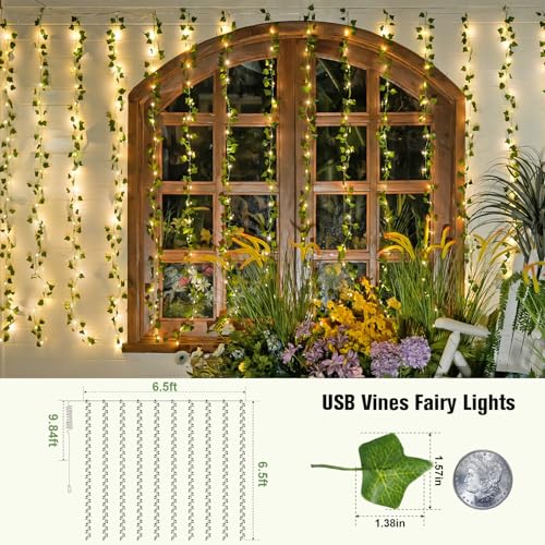 Artificial Ivy Vine Curtain Lights - 200 LED 6.5x6.5ft USB Fairy Lights