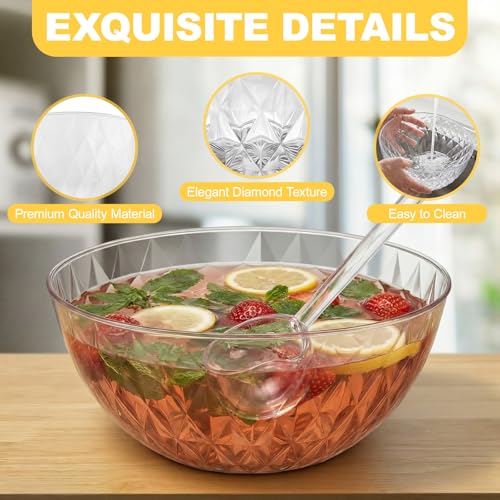 1.4 Gallon Plastic Punch Bowl with Ladle, Clear Diamond Texture Serving Bowl