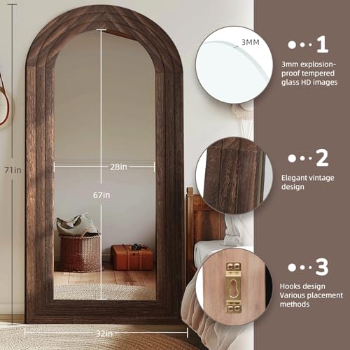 Arched Full Length Mirror 71x32 Rustic Solid Wood Farmhouse Floor Mirror
