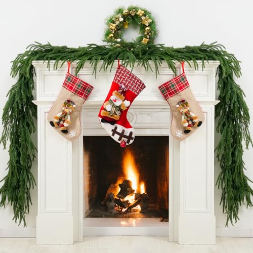 Trytuny 2Pcs 6ft Christmas Norfolk Pine Garland with Pine Cones & Red Berries, Real-Touch LED Christmas Greenery for Indoor/Outdoor
