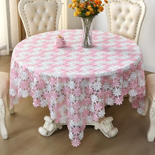 Pink Crochet Tablecloth 60x60 inches Farmhouse Floral Lace Cover for Round or Square Table - Pink-White