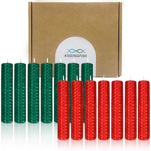 Kissingfish Red & Green Beeswax Taper Candles, 14 Pack, 5", 2-Hour Dripless Christmas