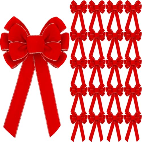 Lenwen 24 Pack Large Red Velvet Christmas Bows Tree Toppers Holiday Decorations