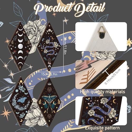 4-Piece Wooden Moon Phase Wall Art Set, Gothic Boho Hanging Decor