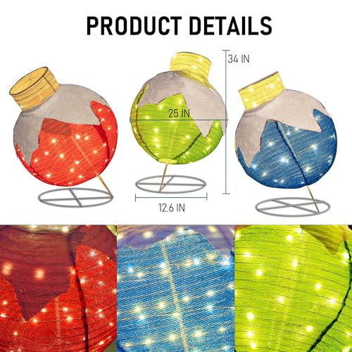 Dazzle Bright LED Christmas Ball Decorations Set - 3 Collapsible Outdoor Indoor Holiday Ornaments with 8 Modes & Timer