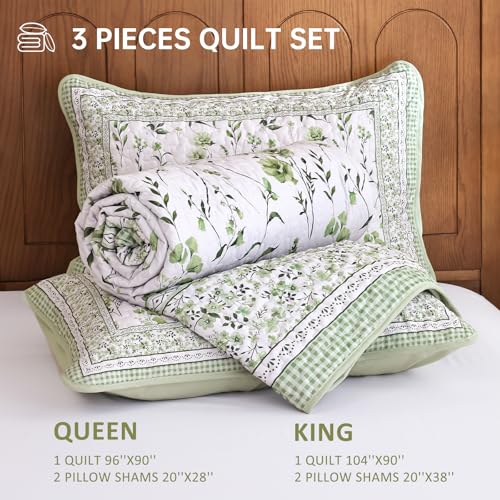 Sage Green Floral Quilt Set Queen - Lightweight Farmhouse Bedding