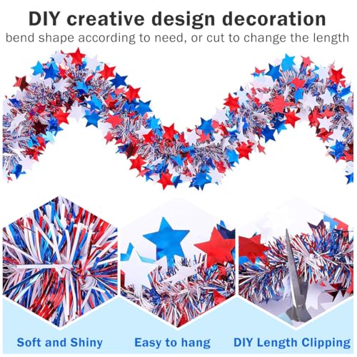 Patriotic Red White Blue Star Tinsel Garland - 33ft Metallic Party Decor