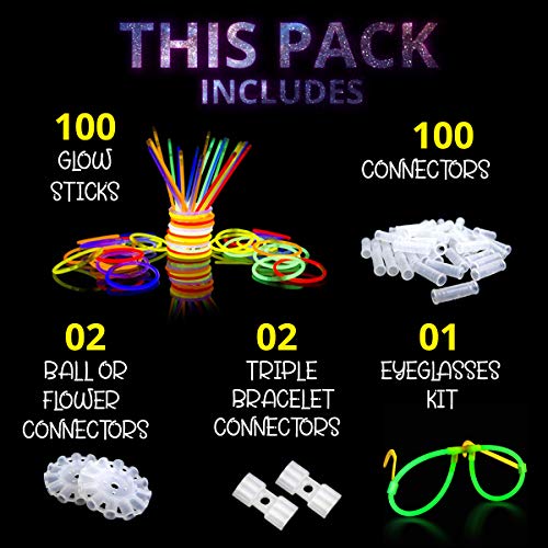 Ammy Glow Sticks Bulk Party Pack 205 Pcs with Connectors and Glasses