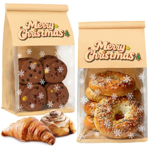 Medium Christmas Cookie Bags with Seal - 100 Pack Resealable Paper Treat Bags with Tin Tie for Baked Goods