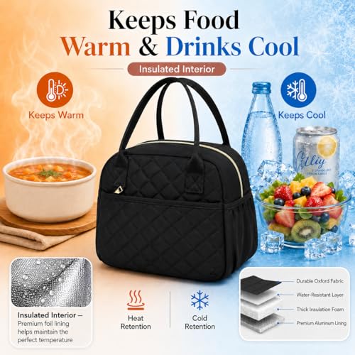 Insulated Lunch Bag for Women - Leakproof Quilted Thermal Lunch Tote (Black)