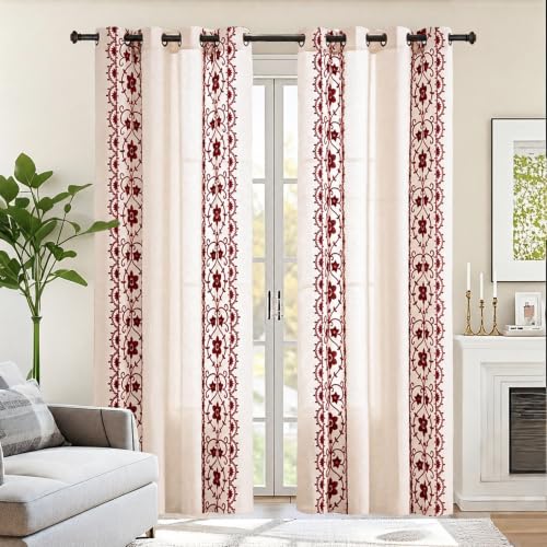 Chorowl Burgundy on Beige Linen Curtains 2 Panels 52"W x 63"L Grommet