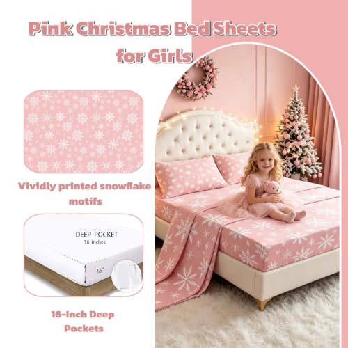 Christmas Queen Bed Sheets Set - Pink Snowflake Pattern, Erosebridal