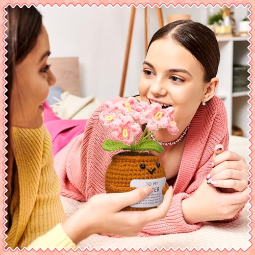 Handmade Crochet Pink Myosotis Flower Doll with Heartfelt Sister Gift Card