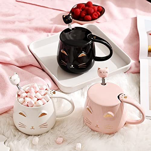 Black 2 Pack Cat Mug with Lid & Kitty Spoon - 13oz Ceramic Gift for Cat Lovers